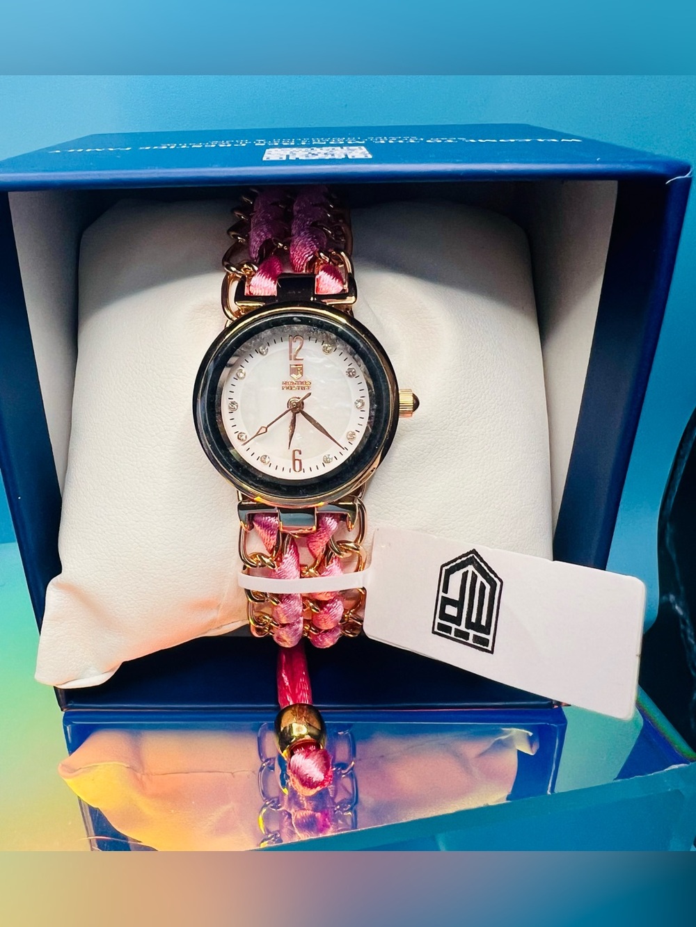 Beautiful Montres Prestige Women's Pink Braided Chain Watch Rose Gold 25mm NIB